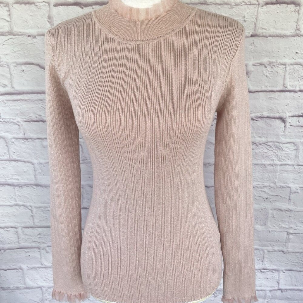 TAHARI Women’s Sweater Mock Neck Metallic Stretch Size Medium Pale Pink Viscose